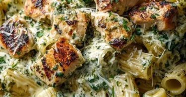 Creamy pesto chicken pasta dish garnished with fresh basil and served in a bowl