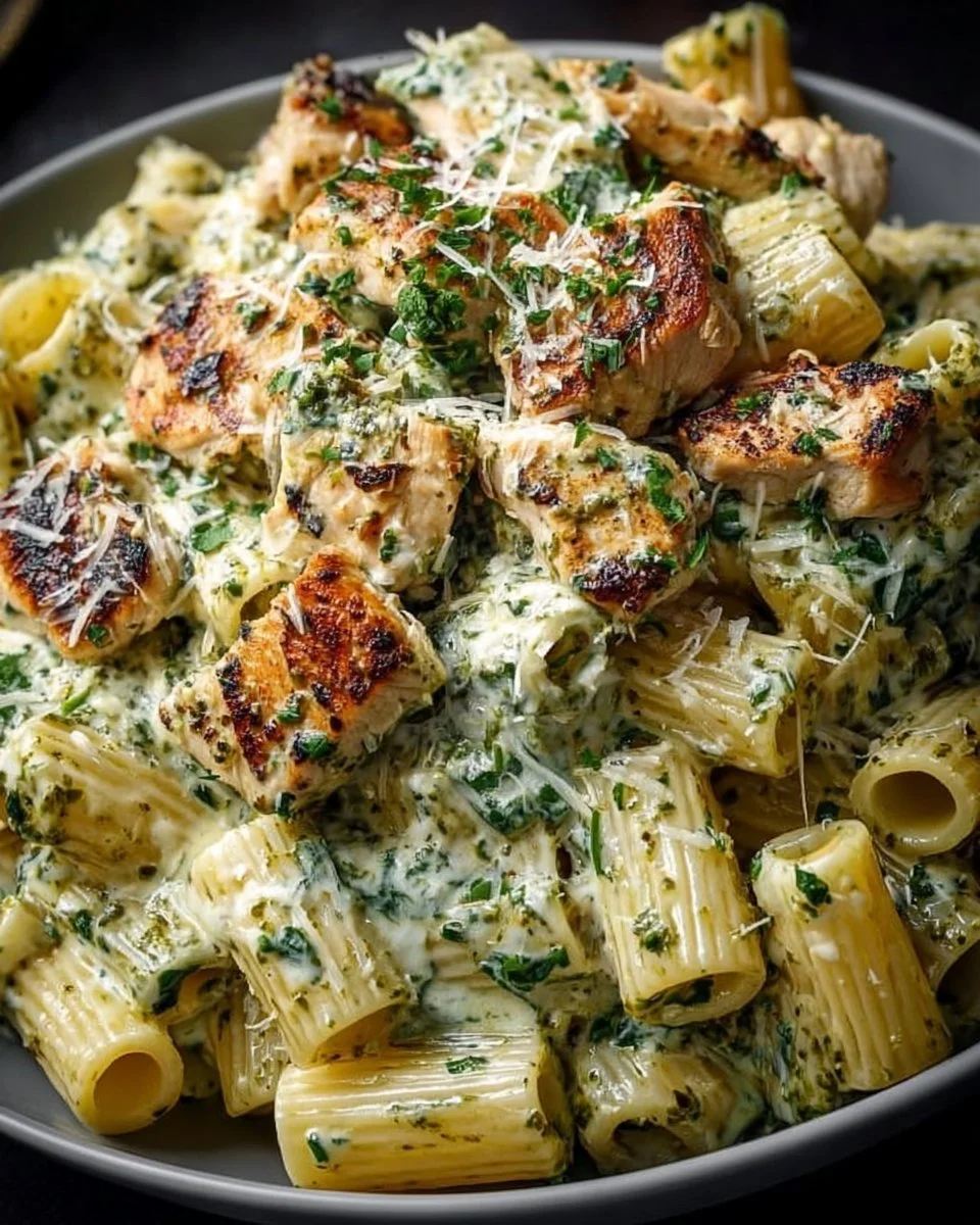 Creamy pesto chicken pasta dish garnished with fresh basil and served in a bowl