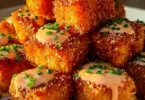Delicious Crispy Bang Bang Salmon Bites served with a spicy sauce