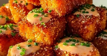 Delicious Crispy Bang Bang Salmon Bites served with a spicy sauce