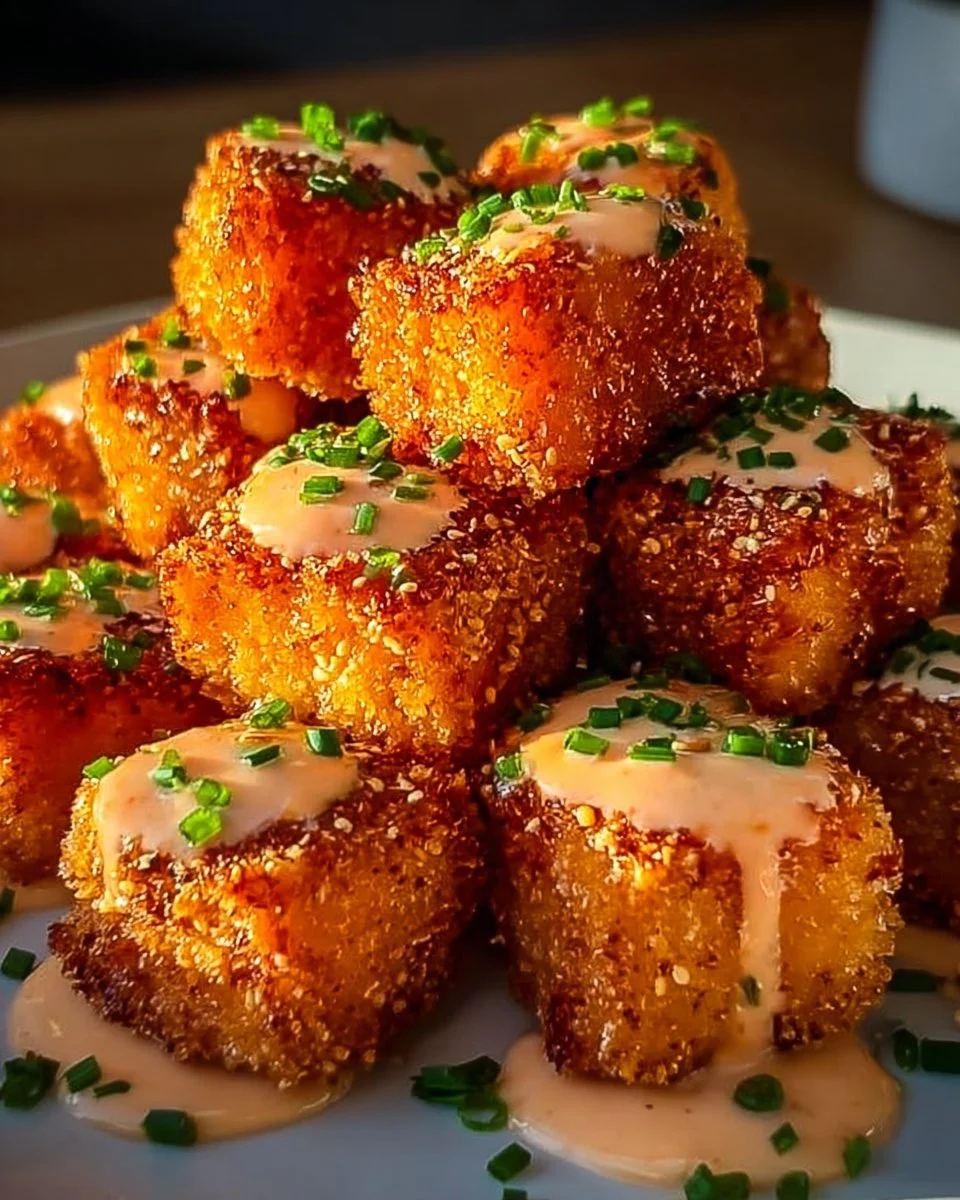 Delicious Crispy Bang Bang Salmon Bites served with a spicy sauce