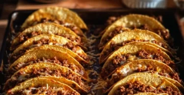 Plate of crispy ground beef tacos with fresh toppings and garnishes.