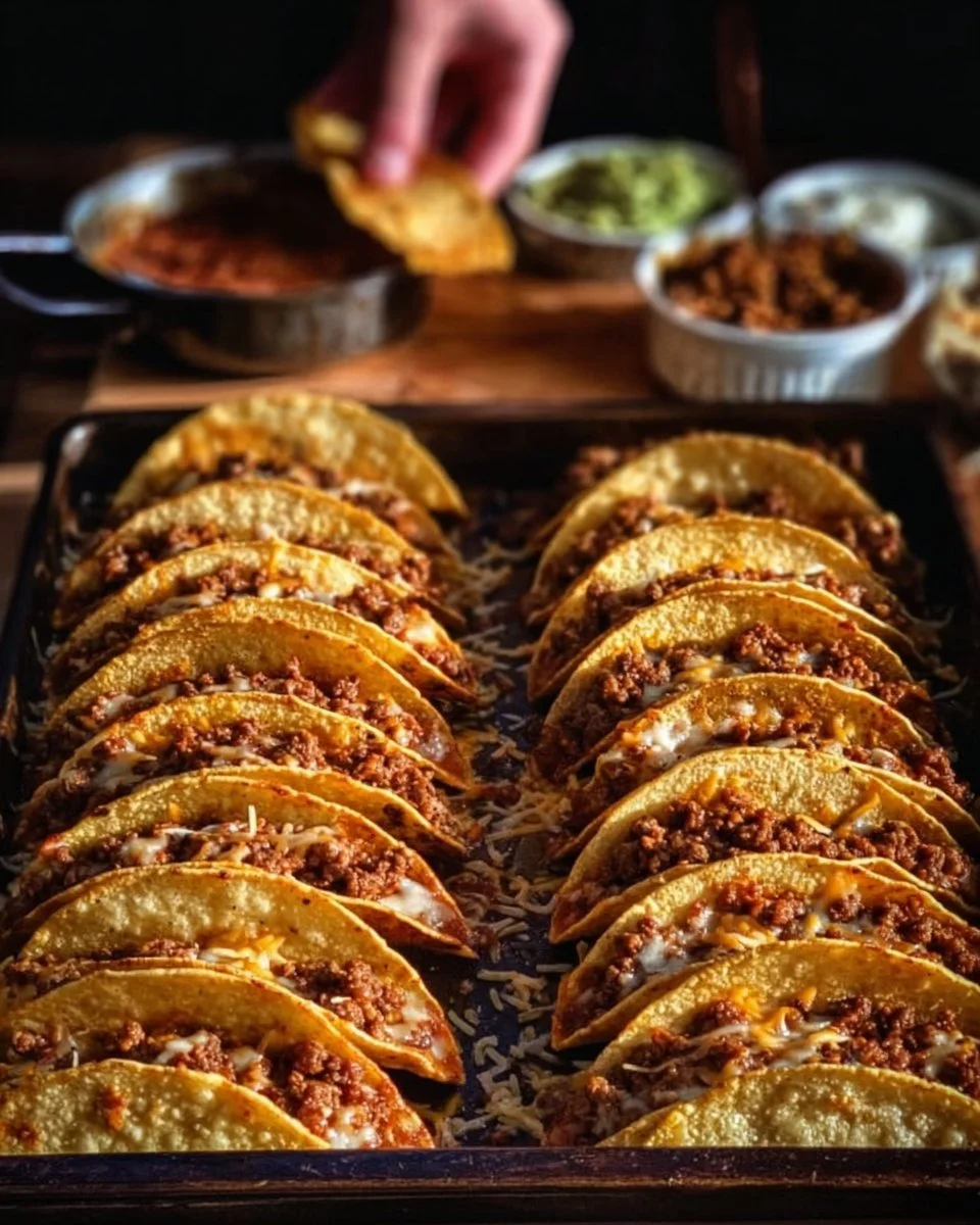 Plate of crispy ground beef tacos with fresh toppings and garnishes.