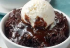 Delicious Crockpot Brownies Pudding served in a bowl