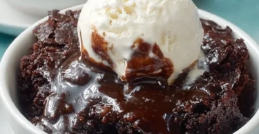 Delicious Crockpot Brownies Pudding served in a bowl