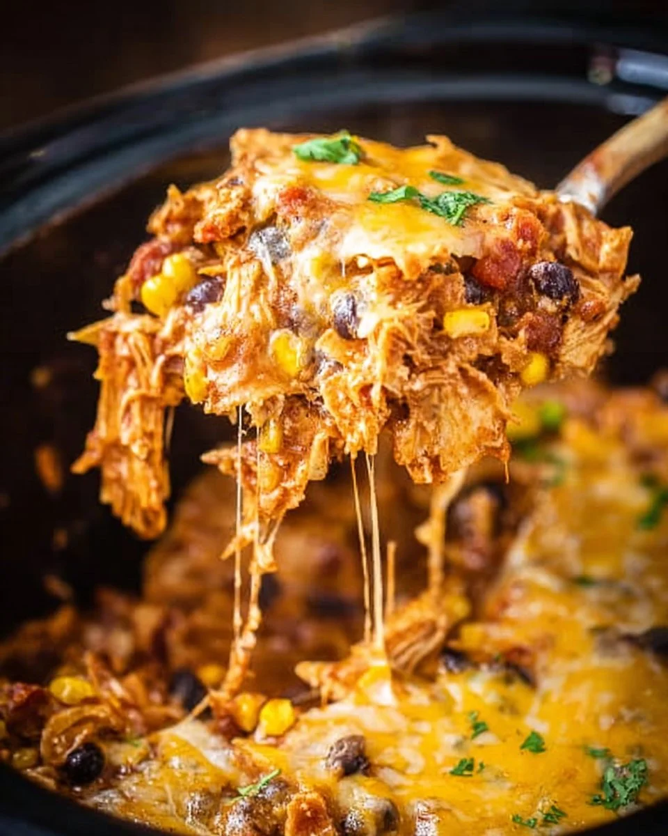 Crockpot Chicken Enchiladas Casserole topped with cheese and cilantro