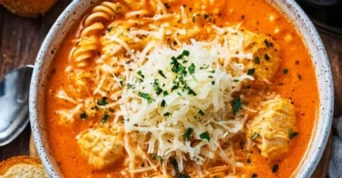 Delicious bowl of Crockpot Chicken Parmesan Soup garnished with cheese and herbs