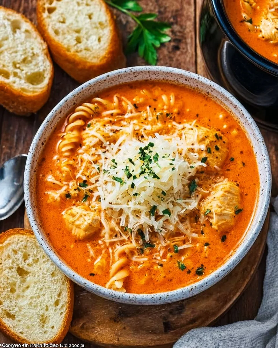 Delicious bowl of Crockpot Chicken Parmesan Soup garnished with cheese and herbs
