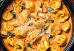 Delicious CrockPot Chicken Tortellini ready to serve in a bowl