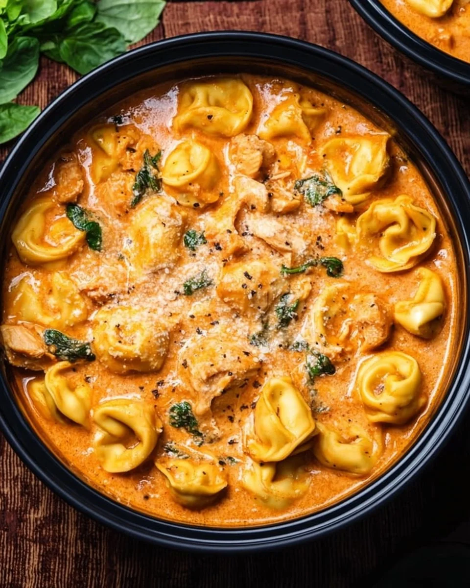 Delicious CrockPot Chicken Tortellini ready to serve in a bowl