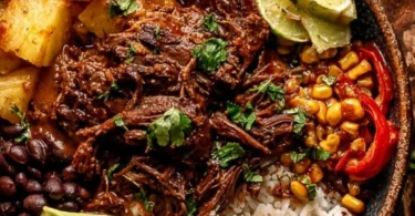 Crockpot Chipotle Pineapple Pot Roast Bowl served with fresh herbs and vegetables.