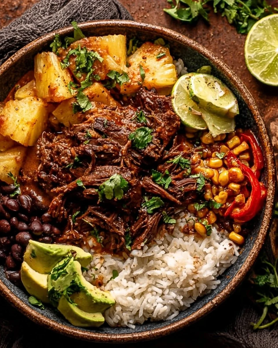 Crockpot Chipotle Pineapple Pot Roast Bowl served with fresh herbs and vegetables.