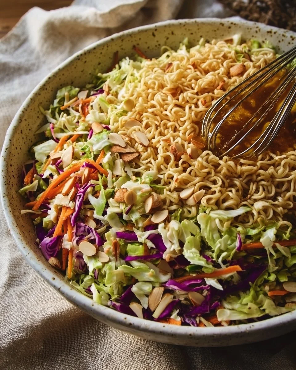 Bowl of Crunchy Ramen Noodle Salad with colorful vegetables and dressing