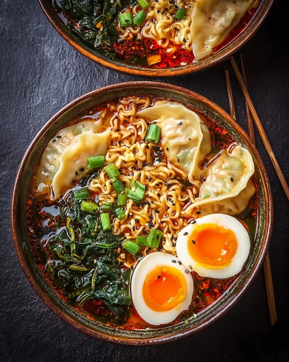 Delicious dumpling ramen bowl with tender dumplings and flavorful broth