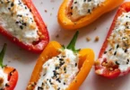 Cream cheese stuffed mini bell peppers displayed on a plate