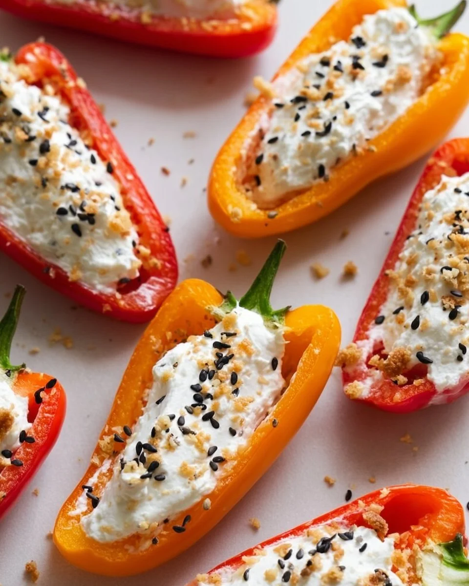 Cream cheese stuffed mini bell peppers displayed on a plate