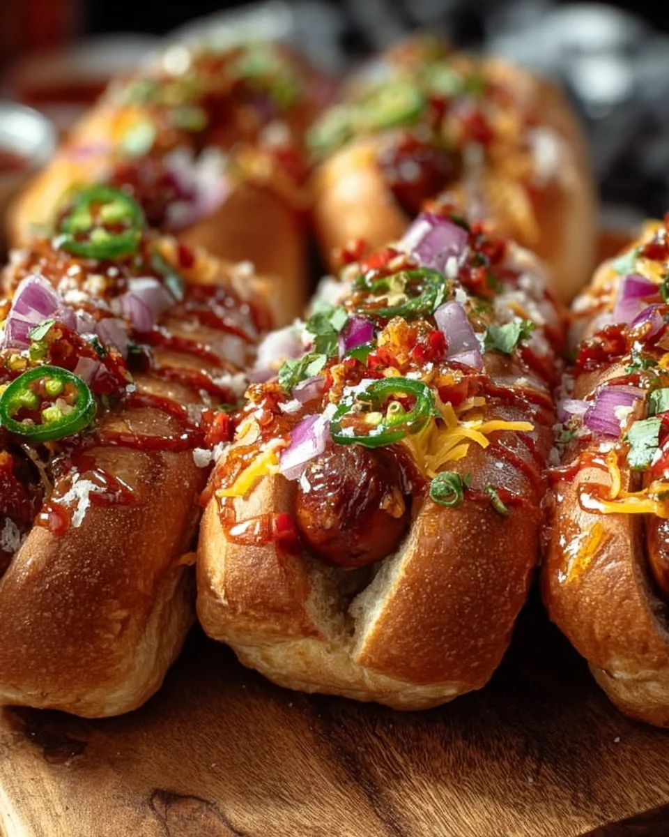 Flavorful Firecracker Hot Dogs topped with spicy condiments and served in a bun