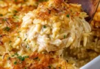 Delicious French Onion Chicken Orzo Casserole topped with melted cheese