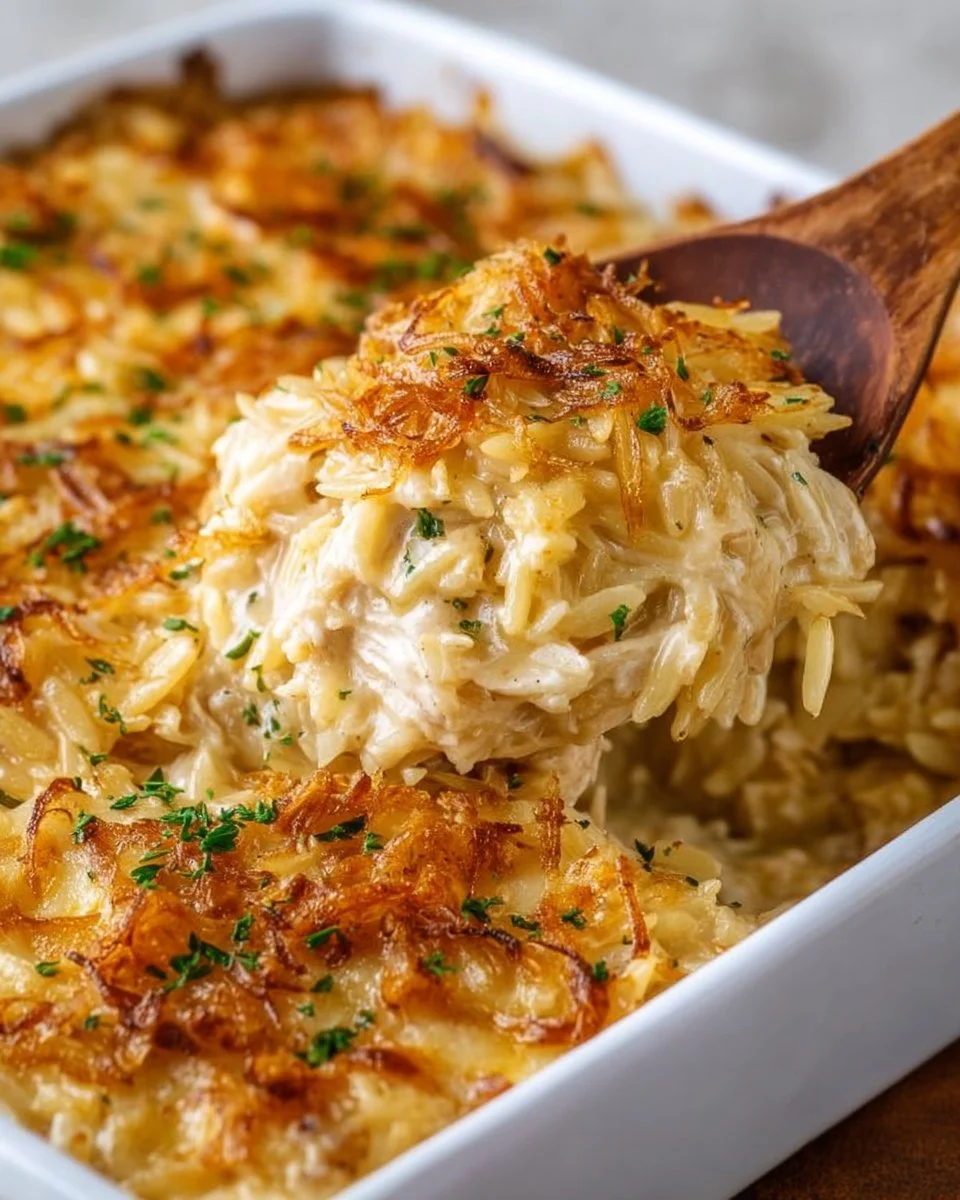 Delicious French Onion Chicken Orzo Casserole topped with melted cheese