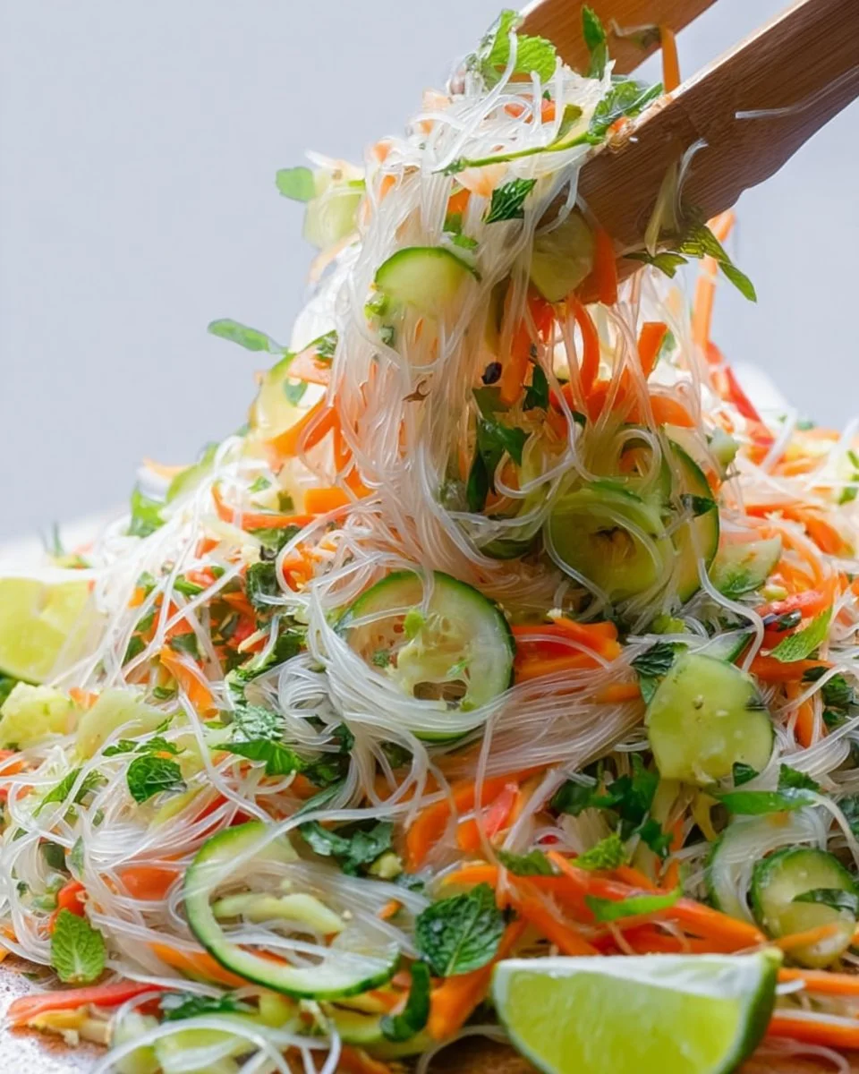 Bowl of fresh Vietnamese noodle salad with vegetables and herbs