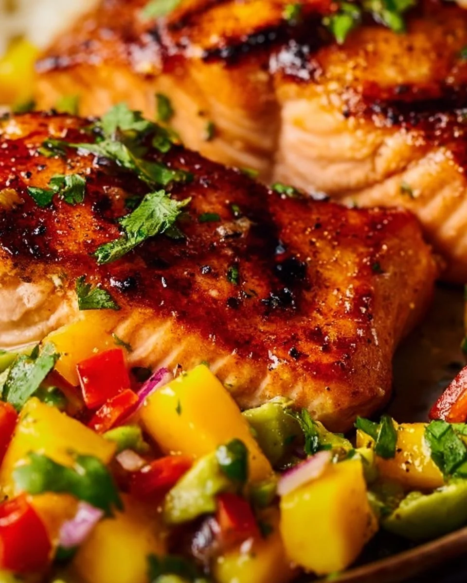 Fresh salmon fillet topped with vibrant mango salsa on a plate.
