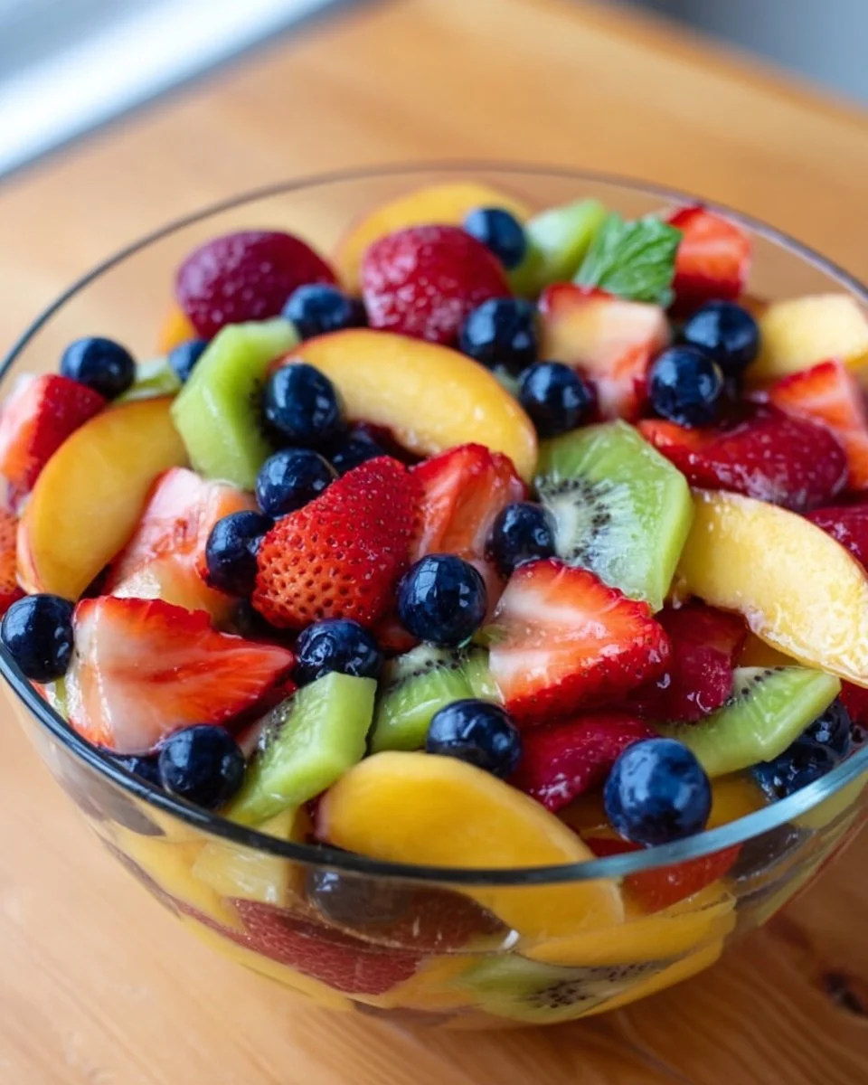 Colorful fruit salad with honey lime dressing