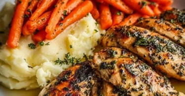 Garlic Herb Chicken served with creamy mashed potatoes and glazed carrots