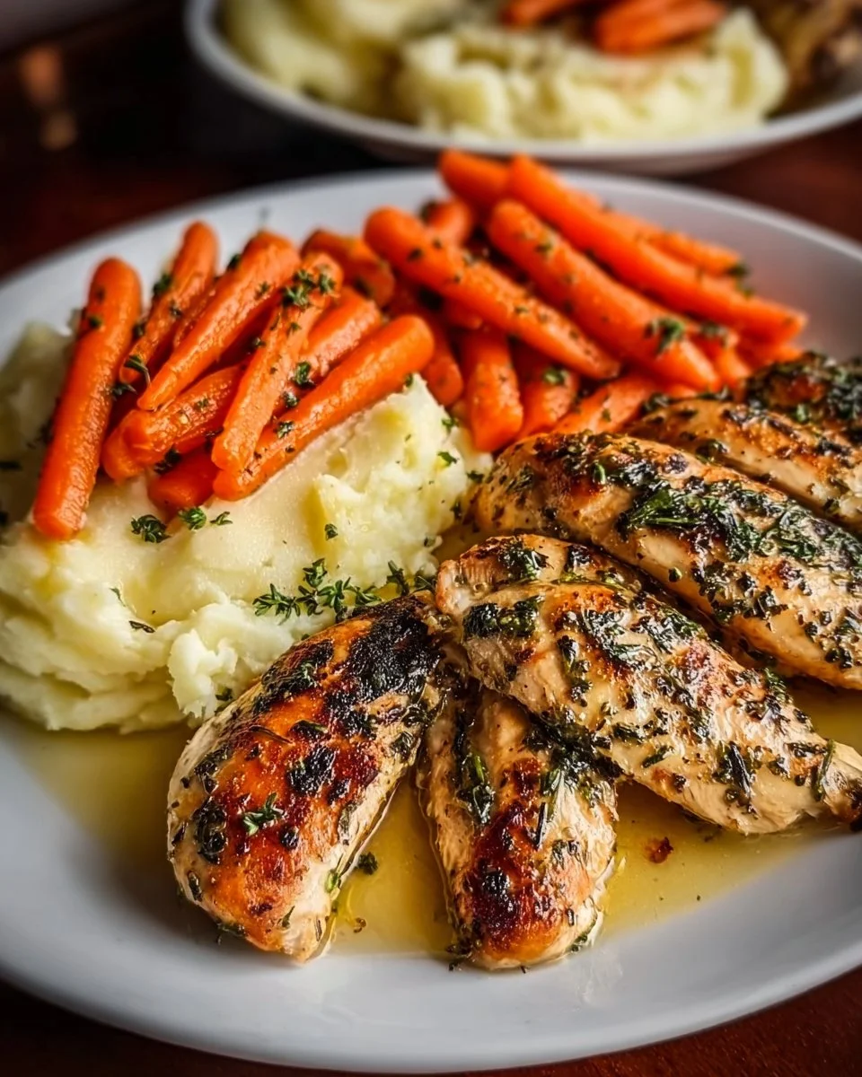 Garlic Herb Chicken served with creamy mashed potatoes and glazed carrots