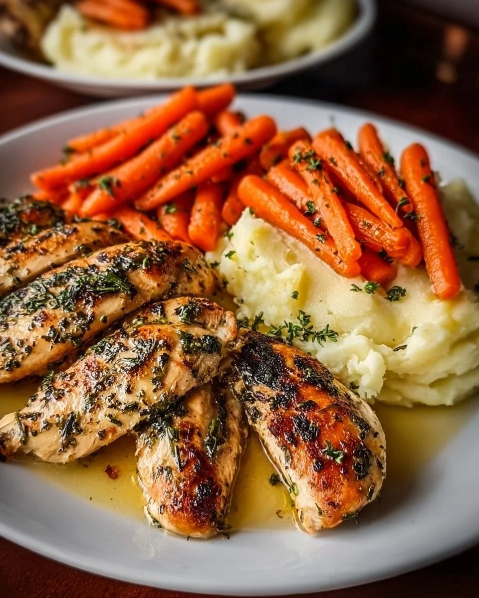 Garlic Herb Chicken with Creamy Mashed Potatoes and Glazed Carrots