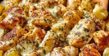 Garlic Parmesan Chicken and Potatoes Skillet served on a plate