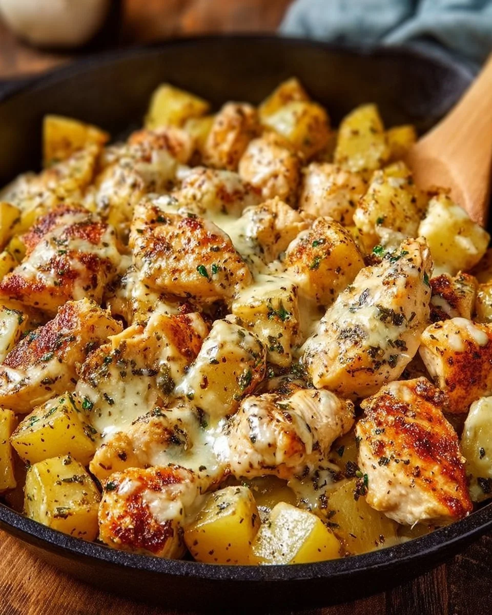Garlic Parmesan Chicken and Potatoes Skillet served on a plate