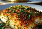 Delicious Garlic Parmesan Crusted Halibut on a plate ready to serve