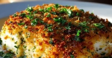Delicious Garlic Parmesan Crusted Halibut on a plate ready to serve