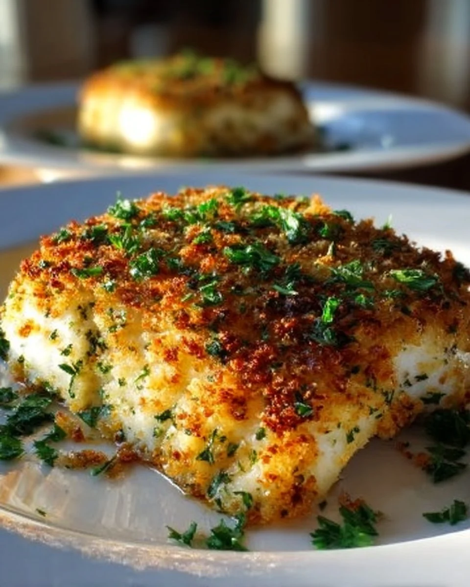 Delicious Garlic Parmesan Crusted Halibut on a plate ready to serve
