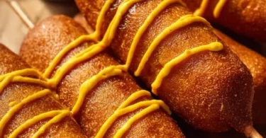Gluten-free corn dogs served on a plate with dipping sauce