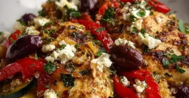 Delicious Greek Chicken Casserole topped with herbs and cheese