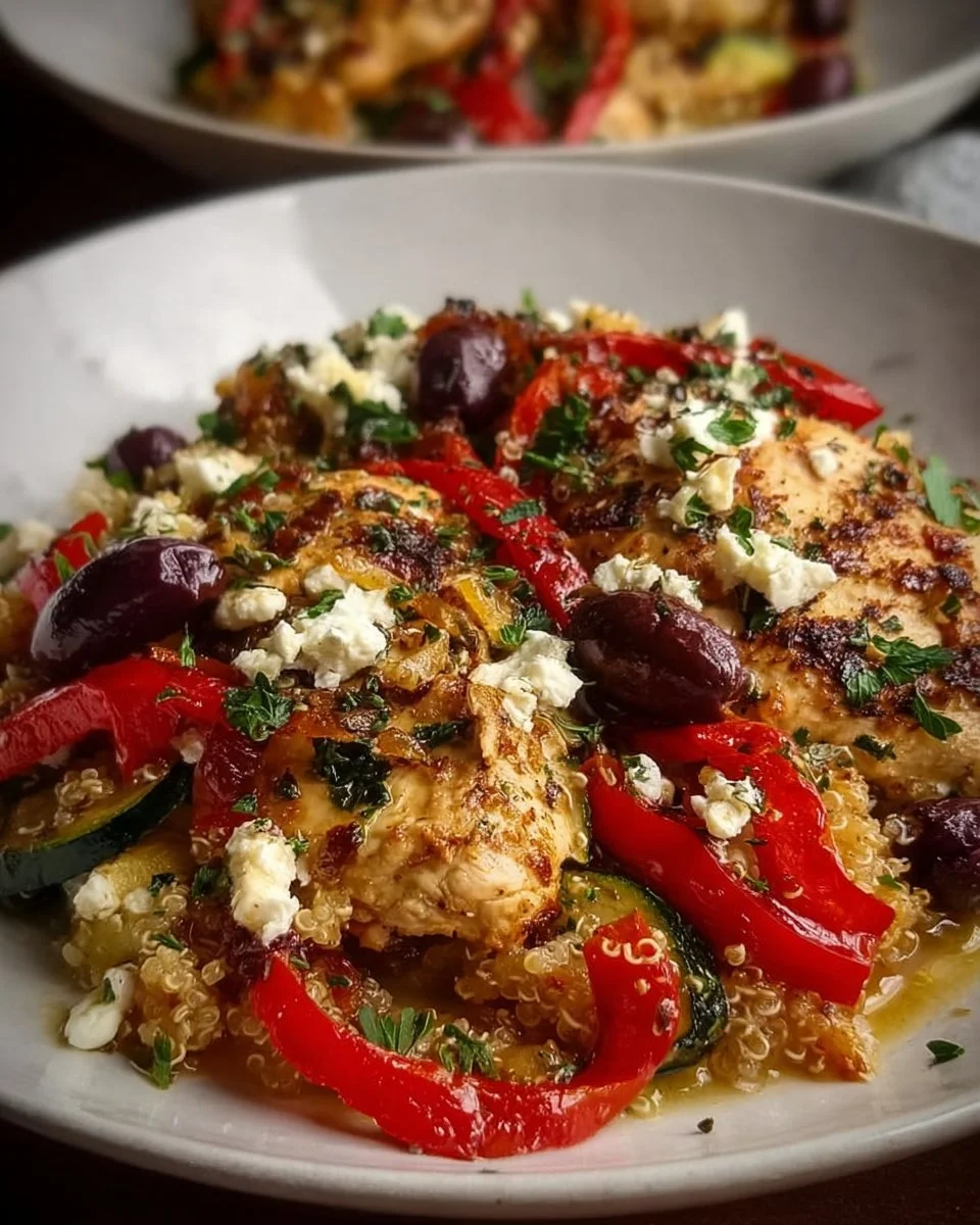 Delicious Greek Chicken Casserole topped with herbs and cheese