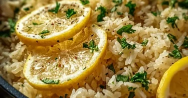 Bowl of Greek Lemon Rice garnished with fresh parsley and lemon wedges