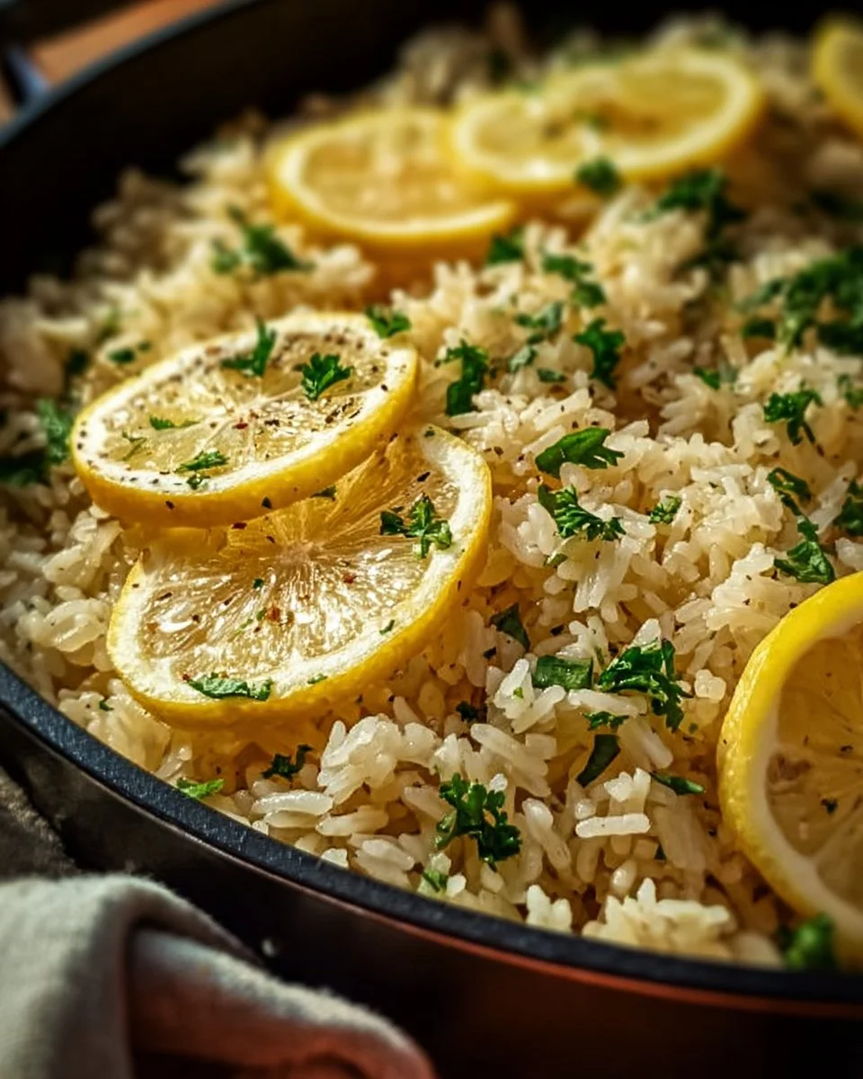 Bowl of Greek Lemon Rice garnished with fresh parsley and lemon wedges