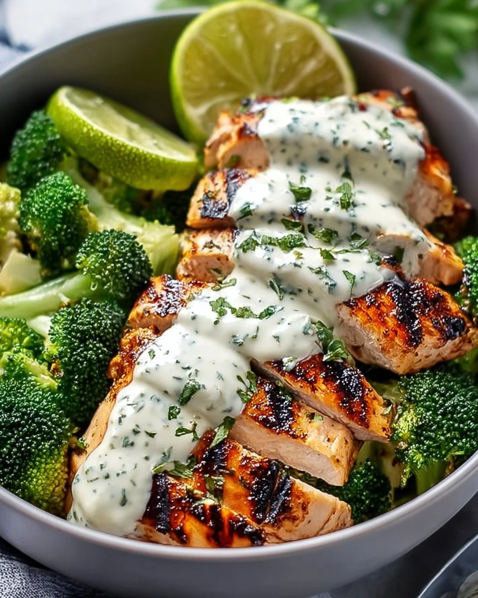 Grilled chicken served in a bowl with fresh broccoli and seasonings