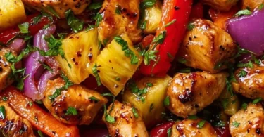 Delicious Hawaiian Chicken Sheet Pan meal with fresh vegetables
