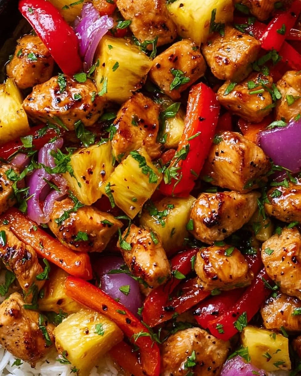 Delicious Hawaiian Chicken Sheet Pan meal with fresh vegetables