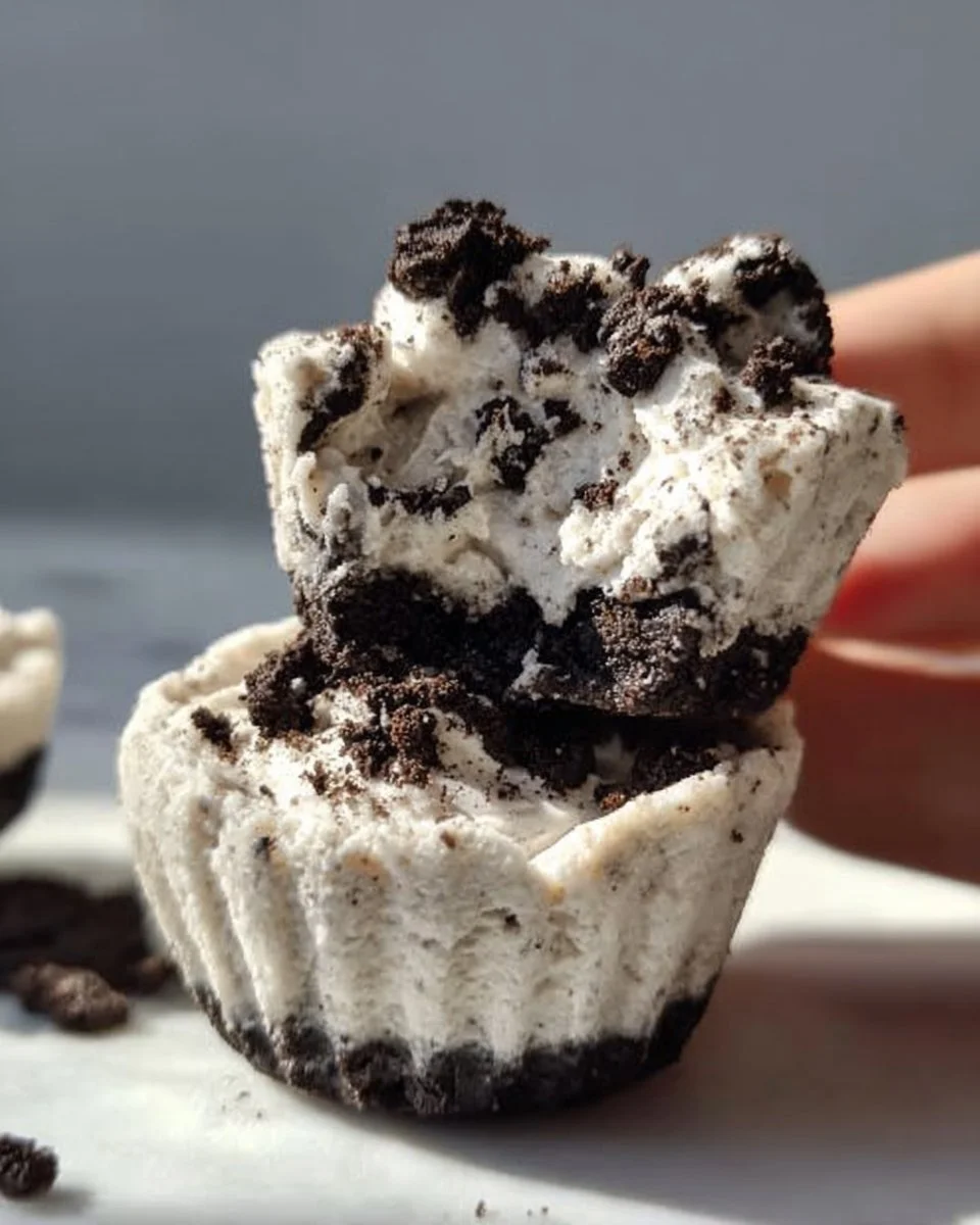 Healthy no-bake Oreo cheesecake bites on a decorative plate