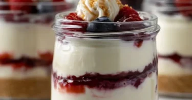 Healthy protein cheesecake jars with fresh fruits and toppings