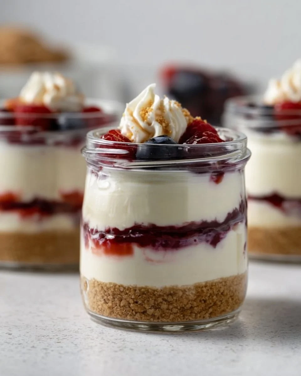 Healthy protein cheesecake jars with fresh fruits and toppings