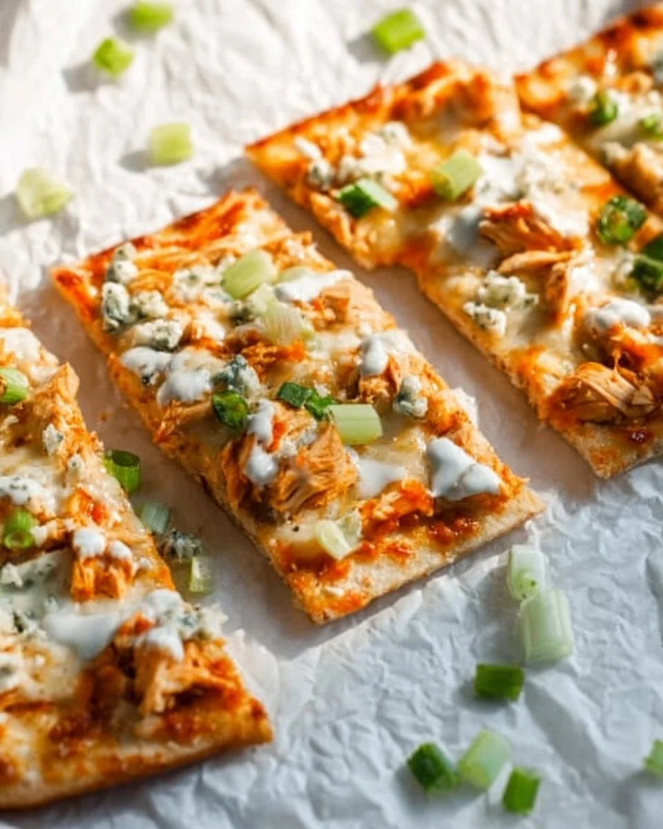 High protein buffalo chicken flatbread topped with fresh ingredients.