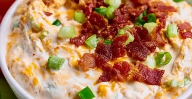 High protein crack dip served in a bowl with chips and veggies