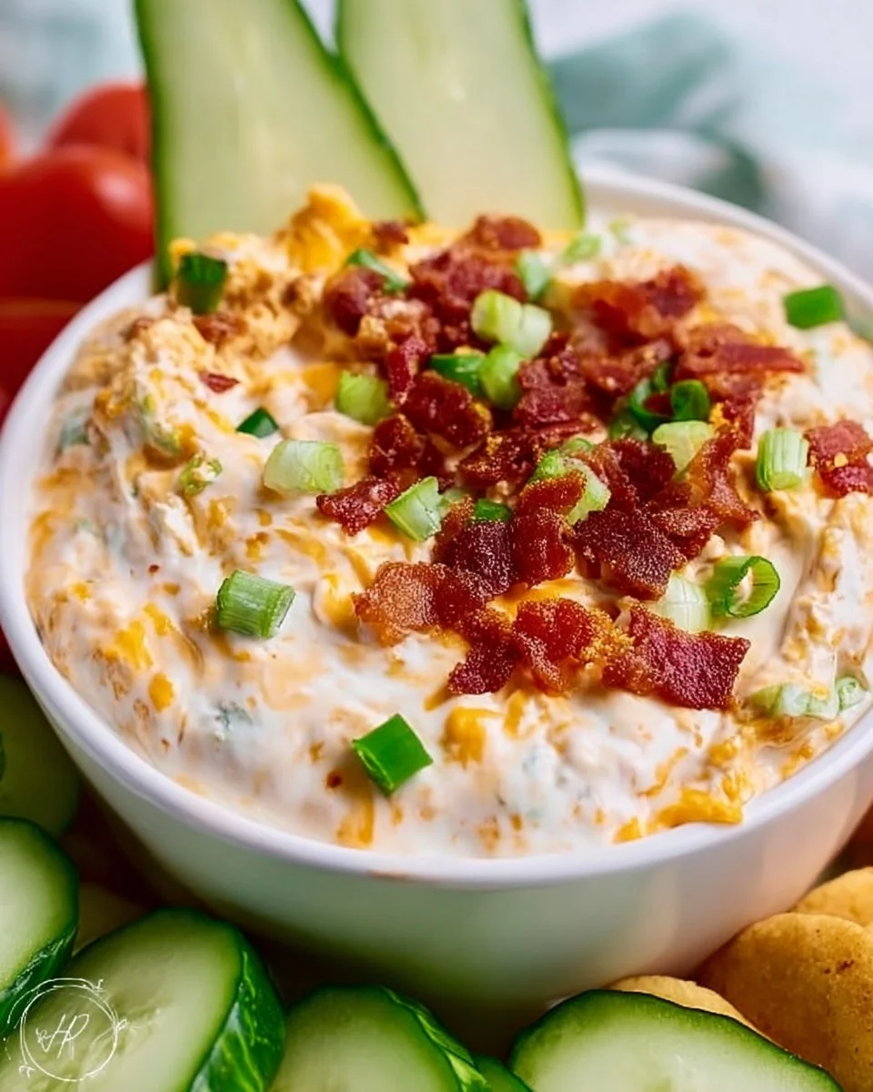 High protein crack dip served in a bowl with chips and veggies