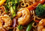 High-protein one-pan shrimp stir fry with colorful vegetables