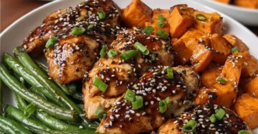 Delicious Honey Garlic Chicken served with roasted sweet potatoes